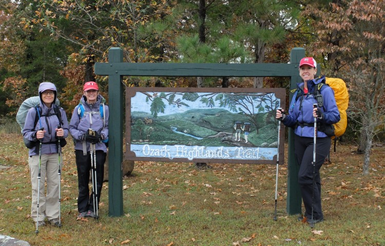Day 1: Pam, Jan and Mary ready to depart the trailhead at Lake Fort Smith on Saturday, October 24